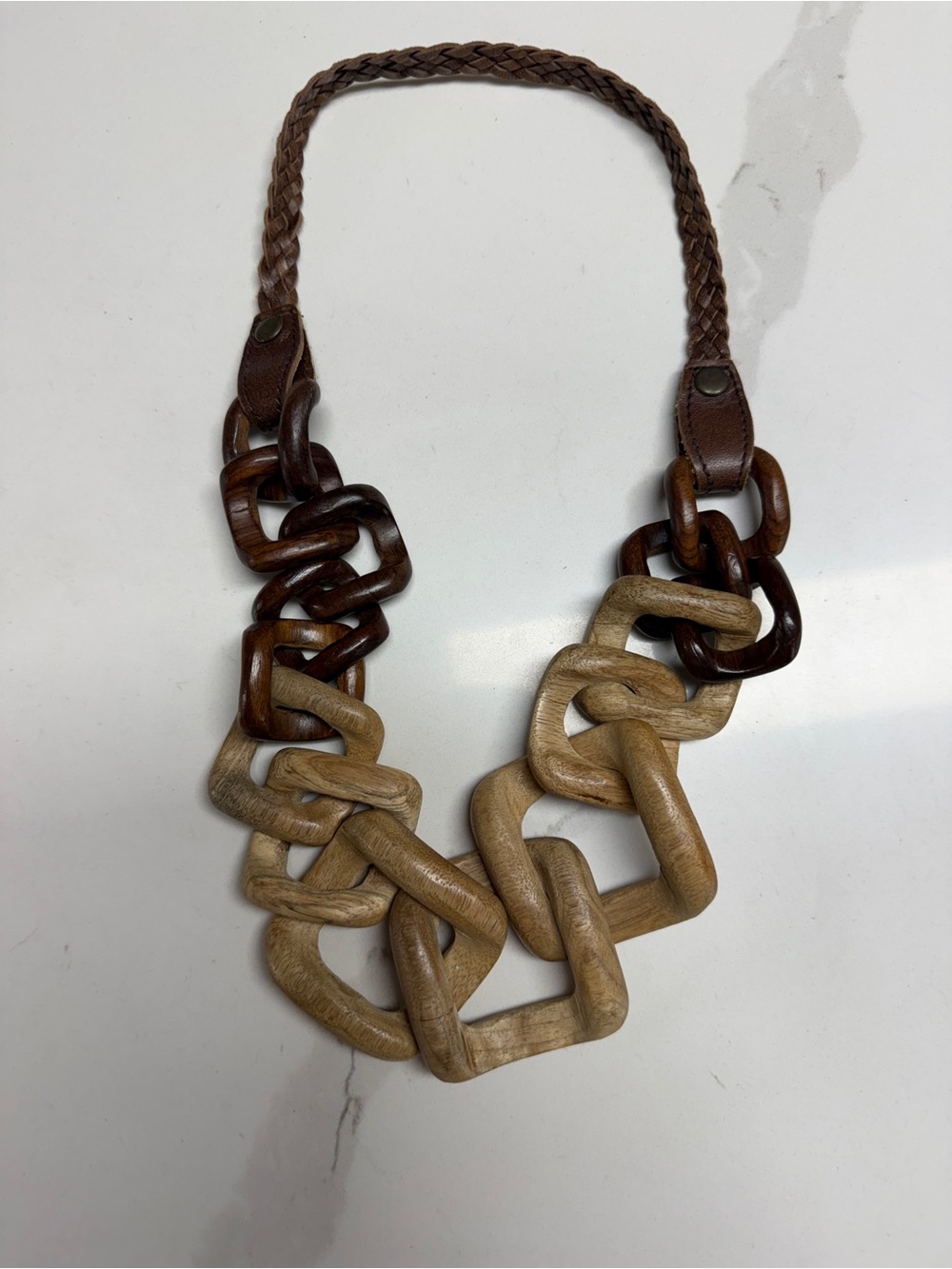 Folk-Art Handcrafted Brown and Natural Wood Link Necklace